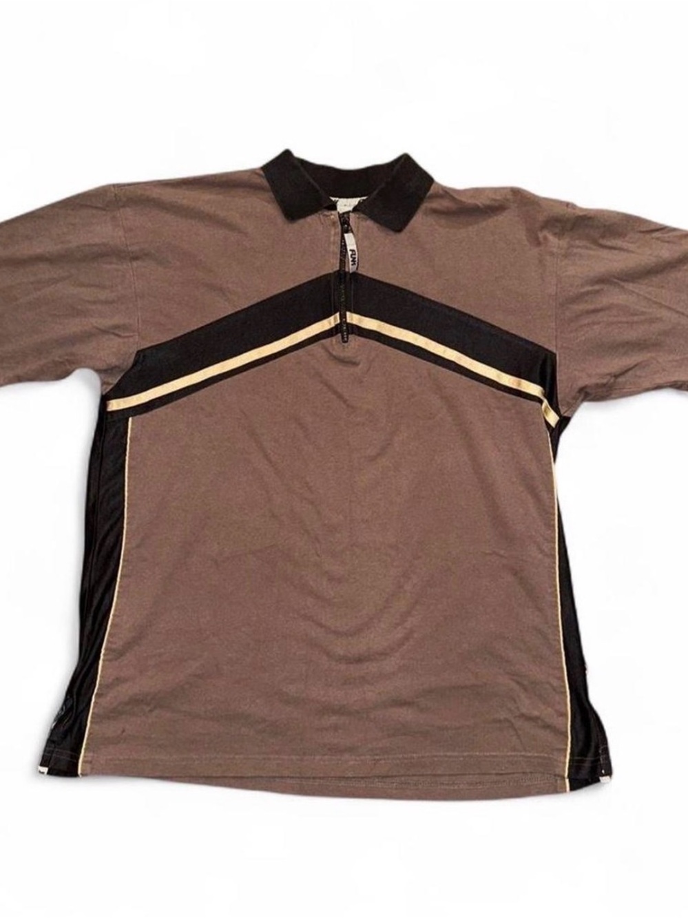 Brown Short-Sleeve Polo with Black & Cream Chevron Trim Vintage 90s